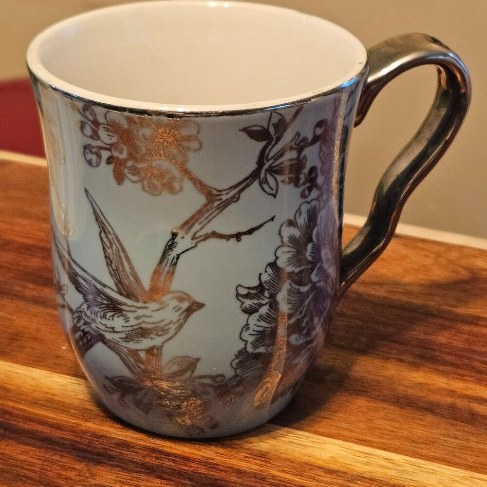 222 Fifth White and Gold Bird & Floral Porcelain Mug